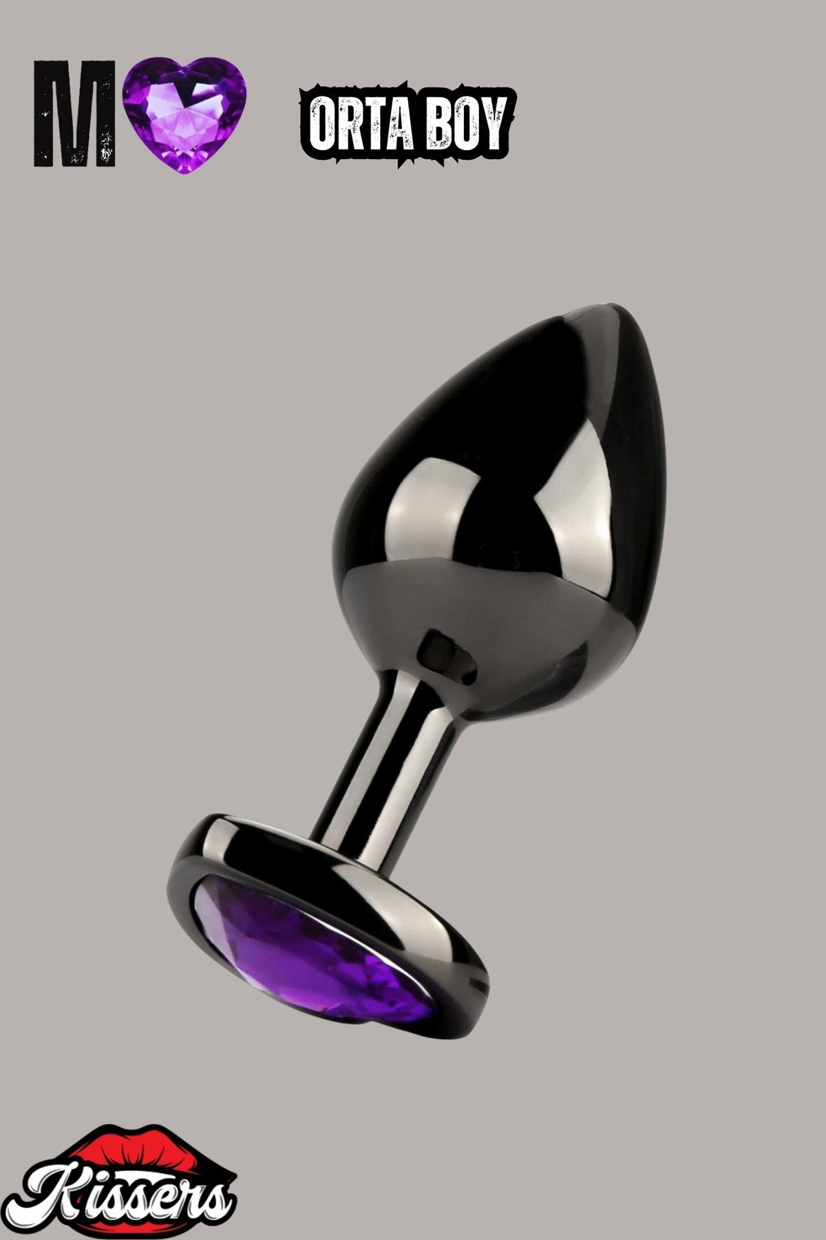 Paslanmaz Çelik Mor Kalpli Mücevher Taşlı Pürüzsüz Siyah Metal Anal Butt Plug Set 3'Lü