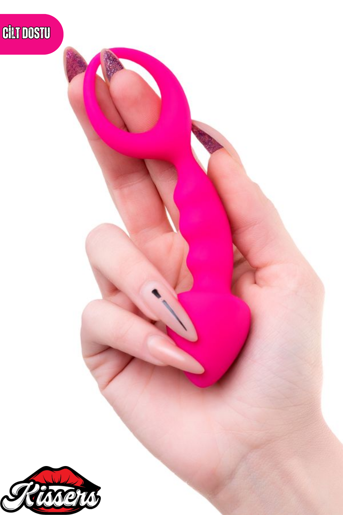 Bong Tutamaçlı Sivri Uçlu Silikon Anal Plug 12,5 cm Pembe Boğumlu Medikal Silikon