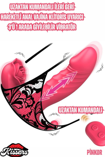 İleri Geri Hareketli Anal Vajina Klitoris Uyarıcılı 3in1 Giyilebilir Vibratör