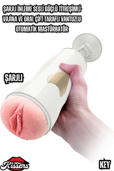 Şarjlı İnleme Sesli Güçlü Titreşimli  Çift Taraflı Vantuzlu Otomatik Mastürbatör