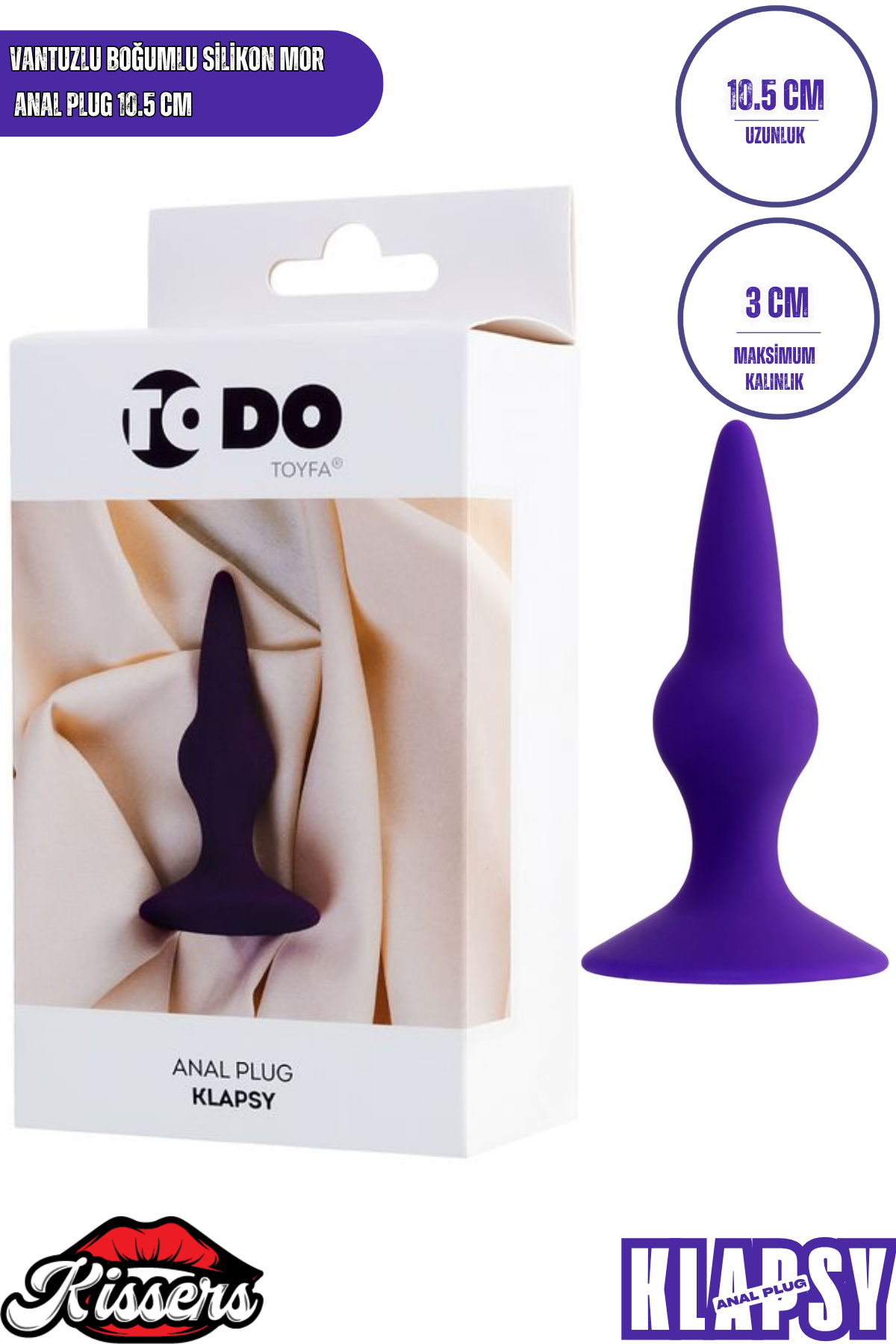 Klapsy Vantuzlu Boğumlu Silikon Anal Plug 10,5 cm Mor Medikal Silikon