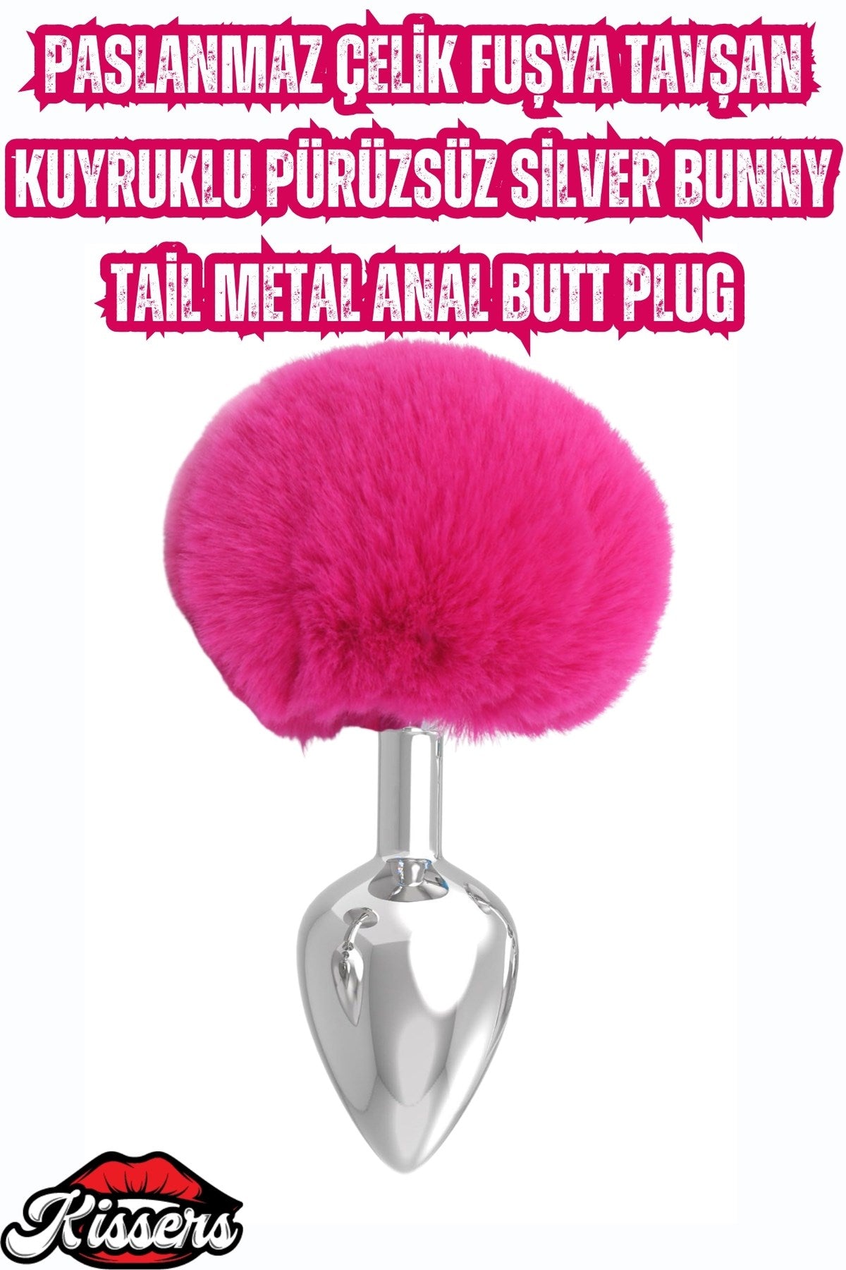 Paslanmaz Çelik Fuşya Tavşan Kuyruklu Pürüzsüz Silver Bunny Tail Metal Anal Butt Plug