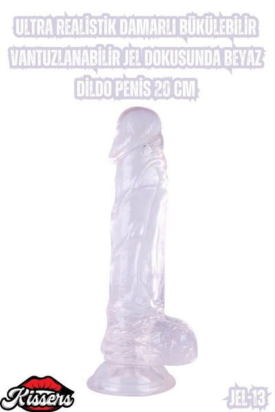 Ultra Realistik Damarlı Bükülebilir Vantuzlanabilir Jel Dokusunda beyaz Dildo Penis 20 Cm