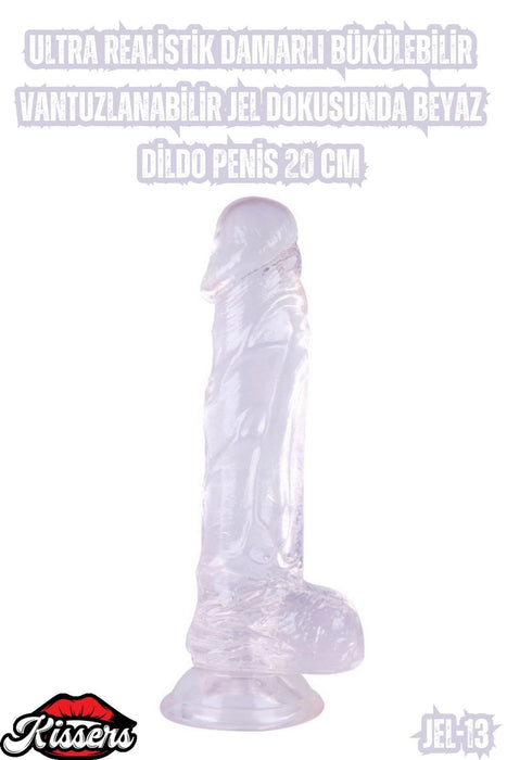 Ultra Realistik Damarlı Bükülebilir Vantuzlanabilir Jel Dokusunda beyaz Dildo Penis 20 Cm