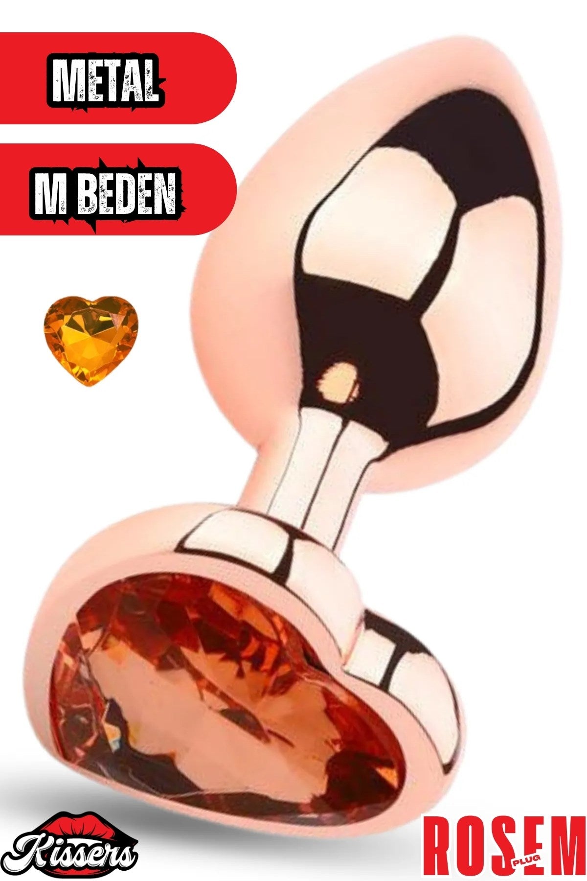 Paslanmaz Çelik  Rose Kalpli Turuncu Mücevher Çıkarılabilir Taşlı 8 Cm Lüks Anal Plug  Ve Tıkaç