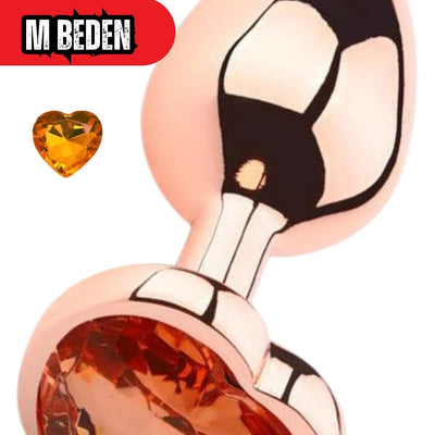 Paslanmaz Çelik  Rose Kalpli Turuncu Mücevher Çıkarılabilir Taşlı 8 Cm Lüks Anal Plug  Ve Tıkaç