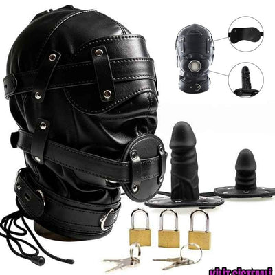BDSM Bondage Nefes Alabilir Kemerli Açılabilir Ağız Göz Penis Setli Deri Siyah Maske