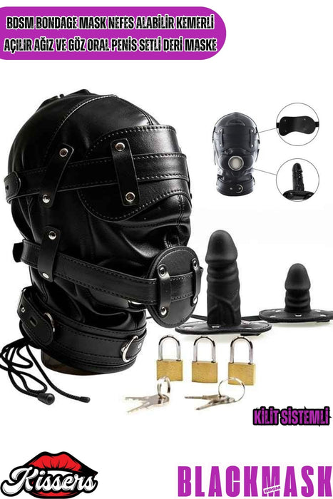 BDSM Bondage Nefes Alabilir Kemerli Açılabilir Ağız Göz Penis Setli Deri Siyah Maske