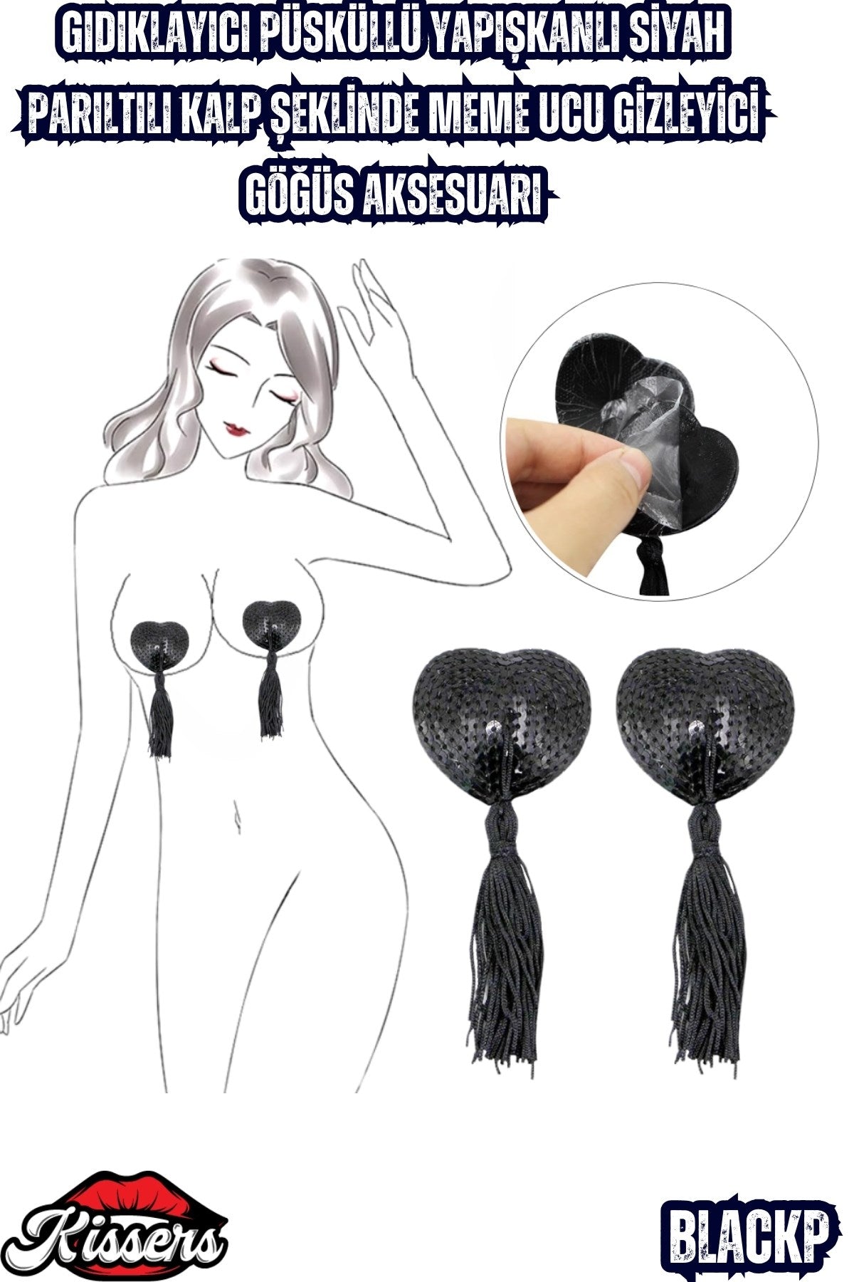 BDSM Gıdıklayıcı Püsküllü Yapışkanlı Siyah Parıltılı Kalp Şeklinde Meme Ucu Gizleyici