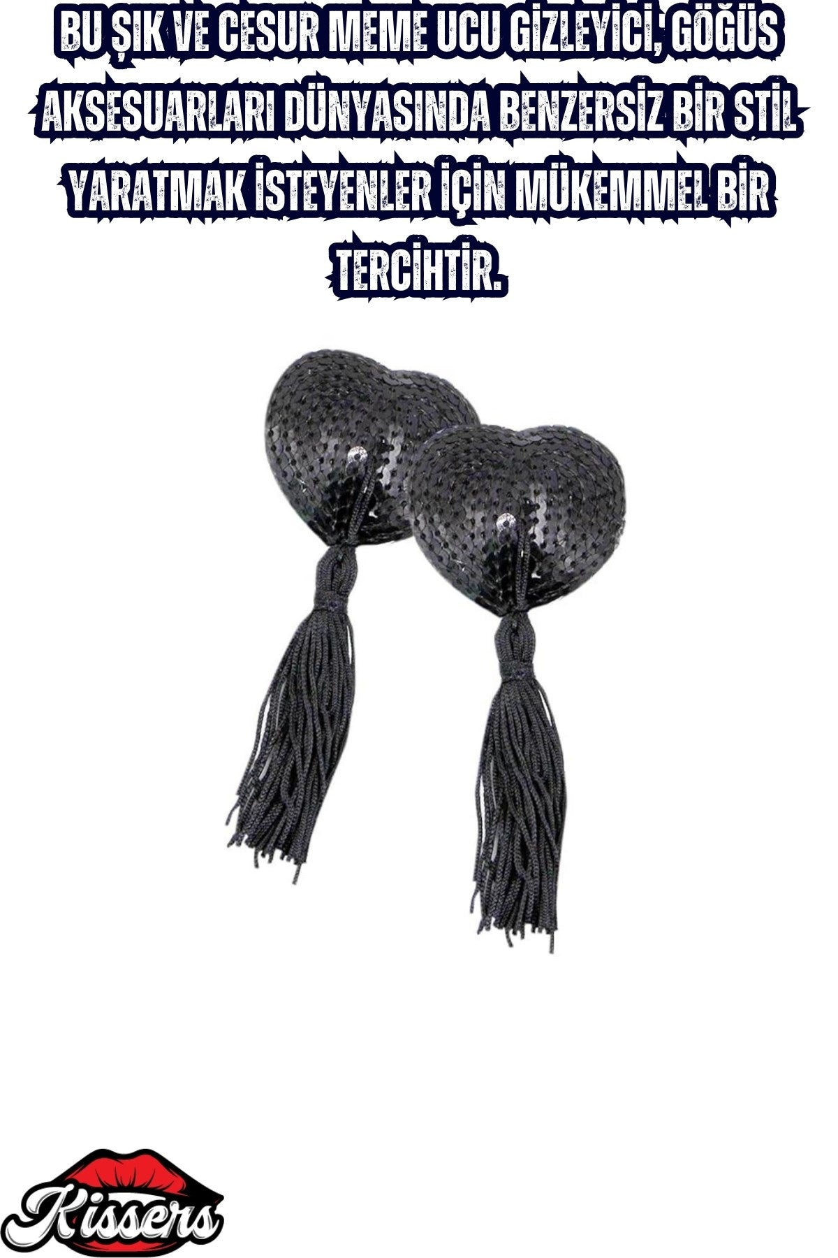 BDSM Gıdıklayıcı Püsküllü Yapışkanlı Siyah Parıltılı Kalp Şeklinde Meme Ucu Gizleyici