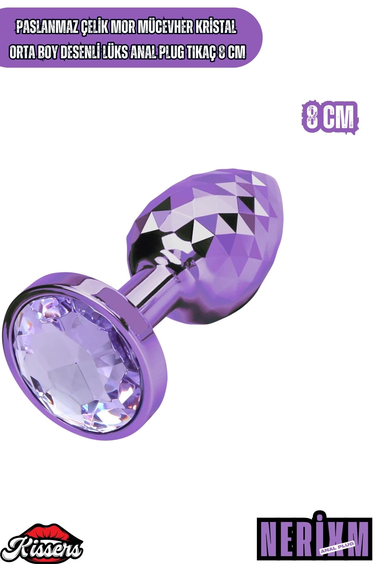 Paslanmaz Çelik  Mor Taşlı Cam Şeklinde Mücevher Lüks  Orta Boy Anal Plug  8 Cm