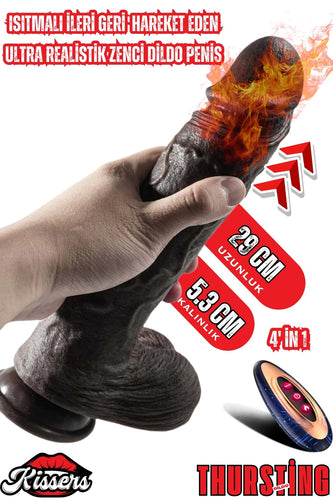 Isıtmalı İleri Geri Hareketli Titreşimli Ultra Realistik Mega Kalın Dildo Penis Vibratör 29 Cm
