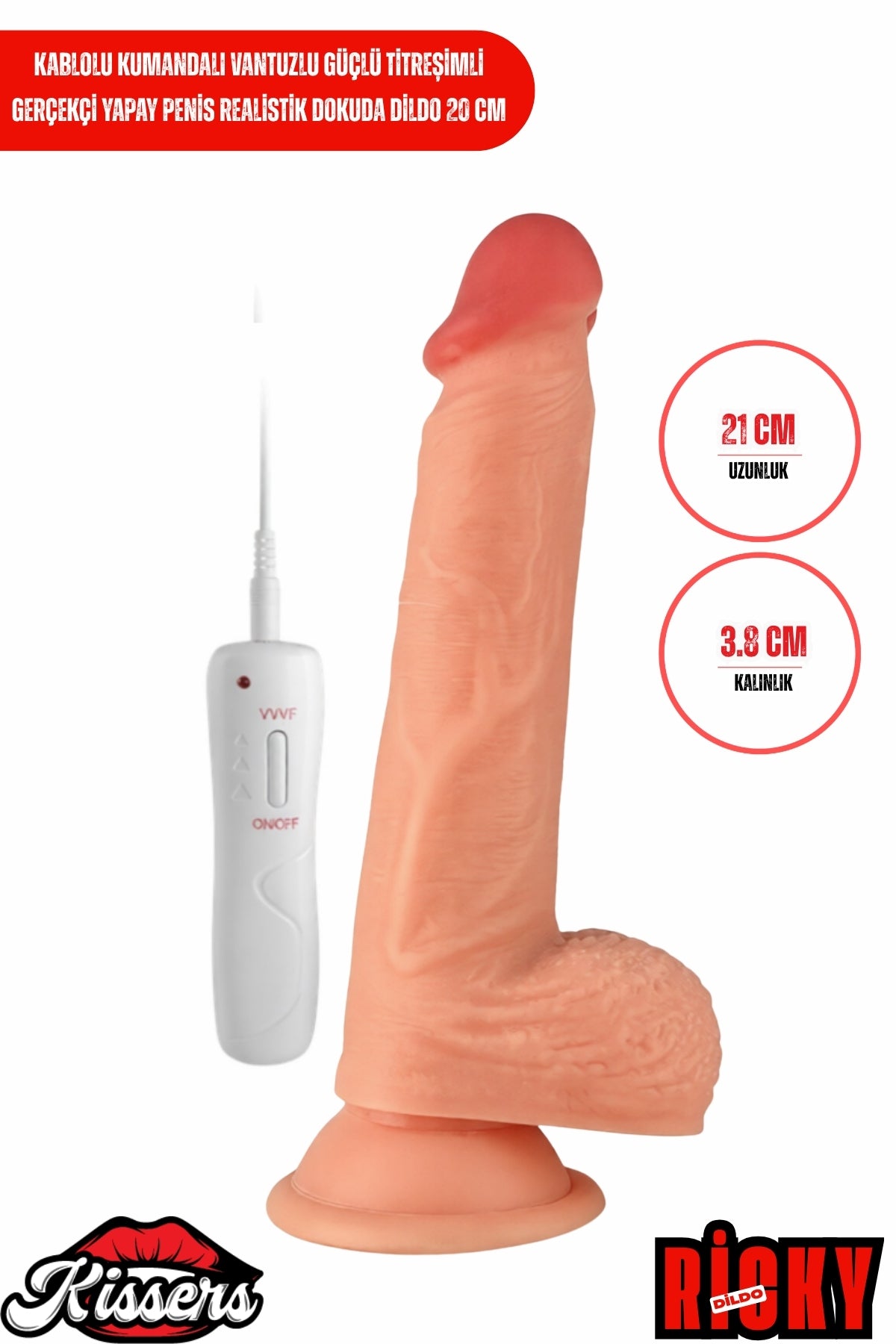 Kablolu Kumandalı Vantuzlu Güçlü Titreşimli Gerçekçi Yapay Penis Realistik Dokuda Dildo 20 cm