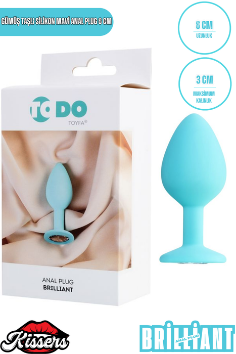 Brilliant Gümüş Taşlı Silikon Anal Plug 8 cm Mavi Medikal Silikon