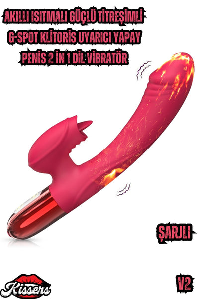 V2 Şarjlı Akıllı Isıtmalı Güçlü Titreşimli G-Spot Klitoris Uyarıcı Yapay Penis Dil Vibratör