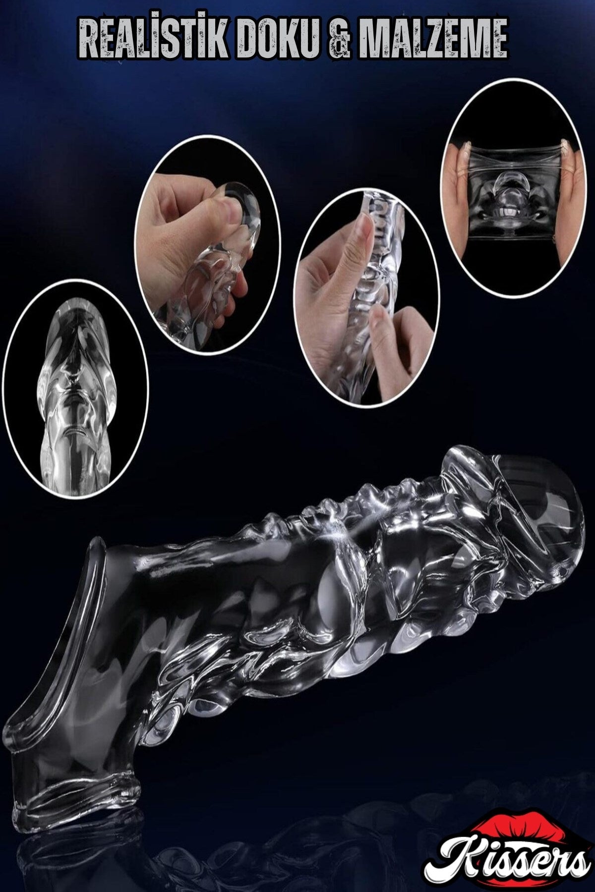 Boşalma Önleyici Uzatmalı Testisli Titreşimli Şeffaf G Nokta ve Klitoris Uyarıcılı Penis Kılıfı