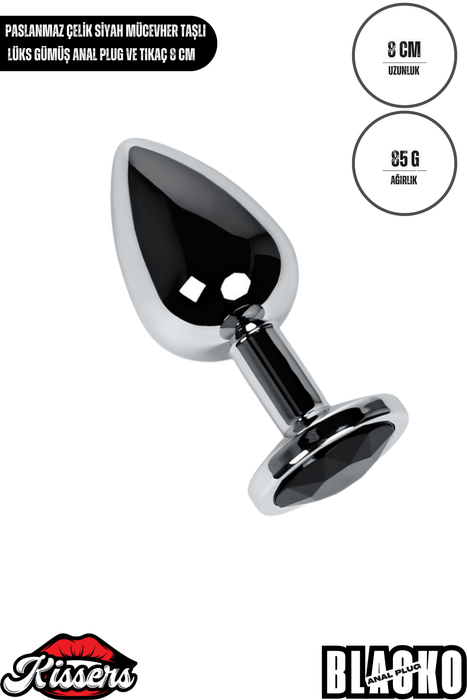 Paslanmaz Çelik Siyah Kristal Taşlı Lüks Gümüş Anal Plug ve Tıkaç 8 cm Su Geçirmez Metal Tasarım