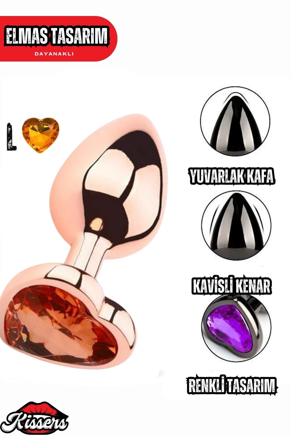 Paslanmaz Çelik  Rose Kalpli Turuncu Mücevher Çıkarılabilir Taşlı 8 Cm Lüks Anal Plug  Ve Tıkaç