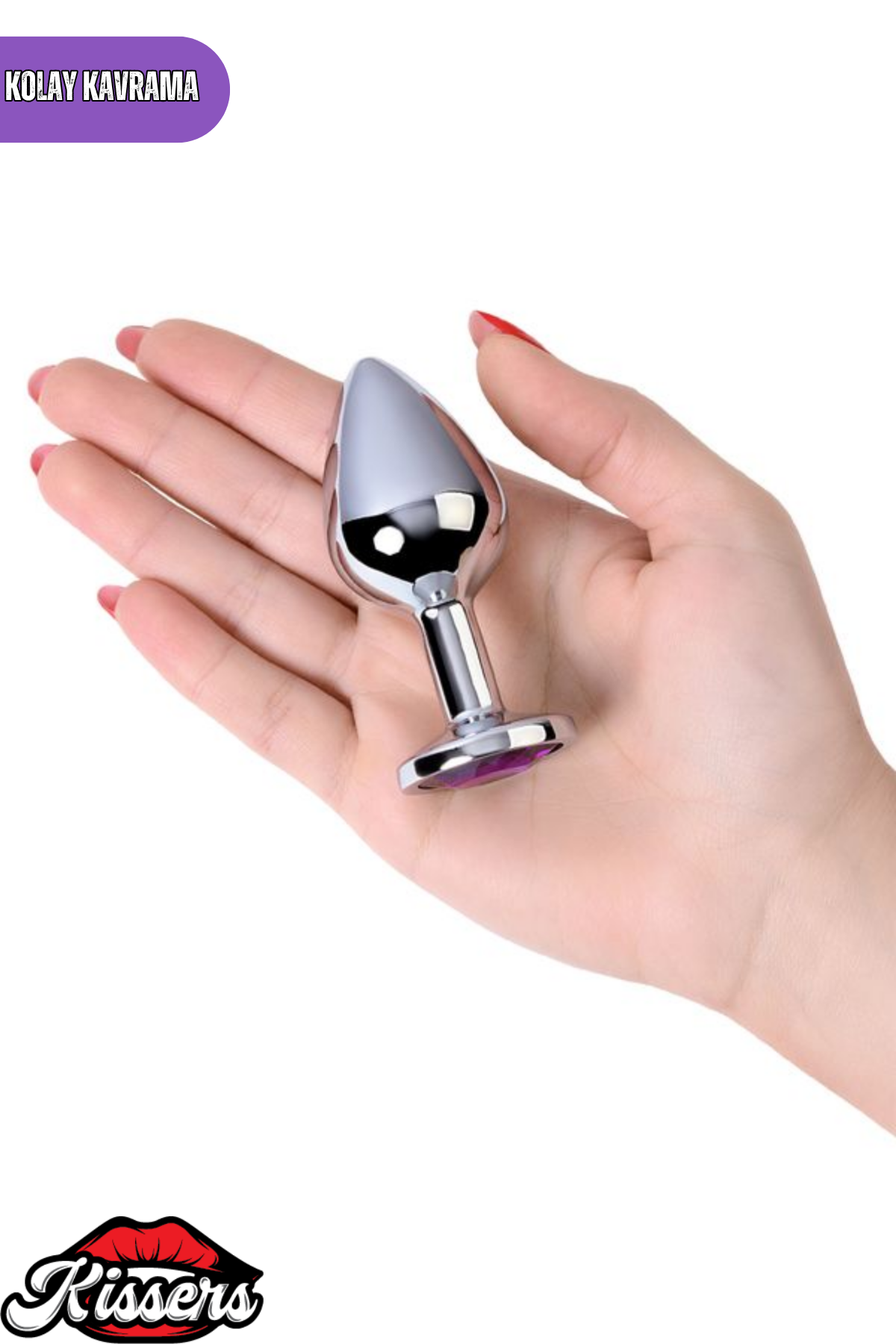 Paslanmaz Çelik Mor Kristal Taşlı Lüks Gümüş Anal Plug ve Tıkaç 8 cm Su Geçirmez