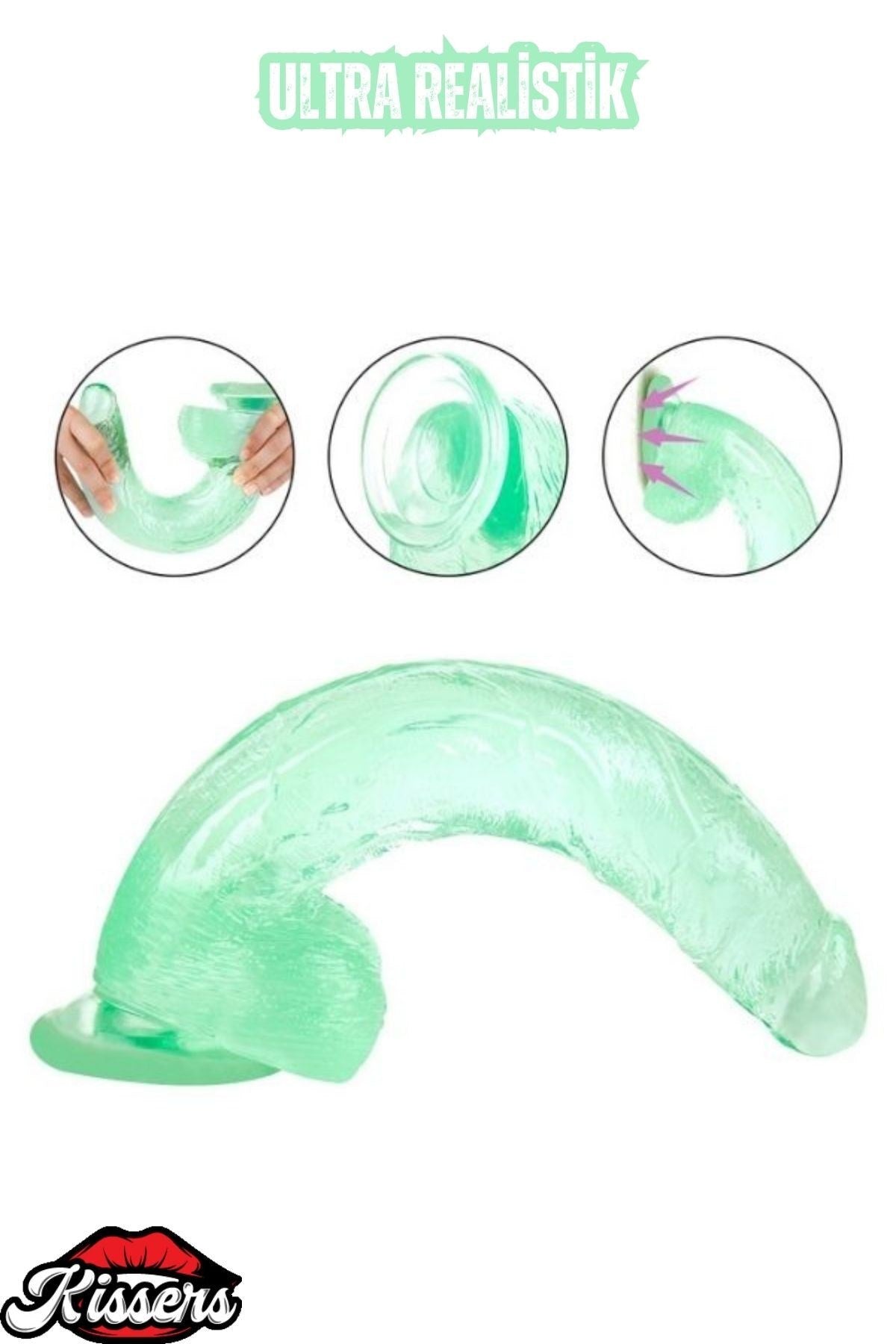 Ultra Realistik Damarlı Bükülebilir Vantuzlanabilir Jel Dokusunda Yeşil Dildo Penis 33 Cm