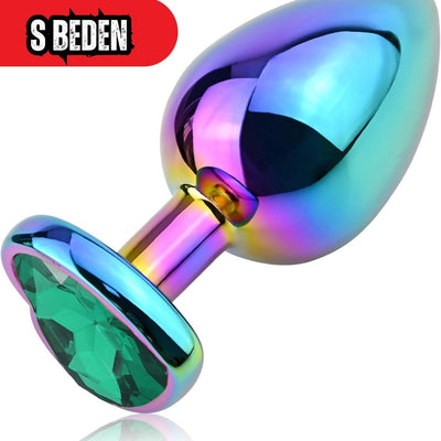 Paslanmaz Çelik  Rainbow  Kalpli Mücevher Çıkarılabilir Taşlı 7 Cm Lüks Anal Plug  Ve Tıkaç