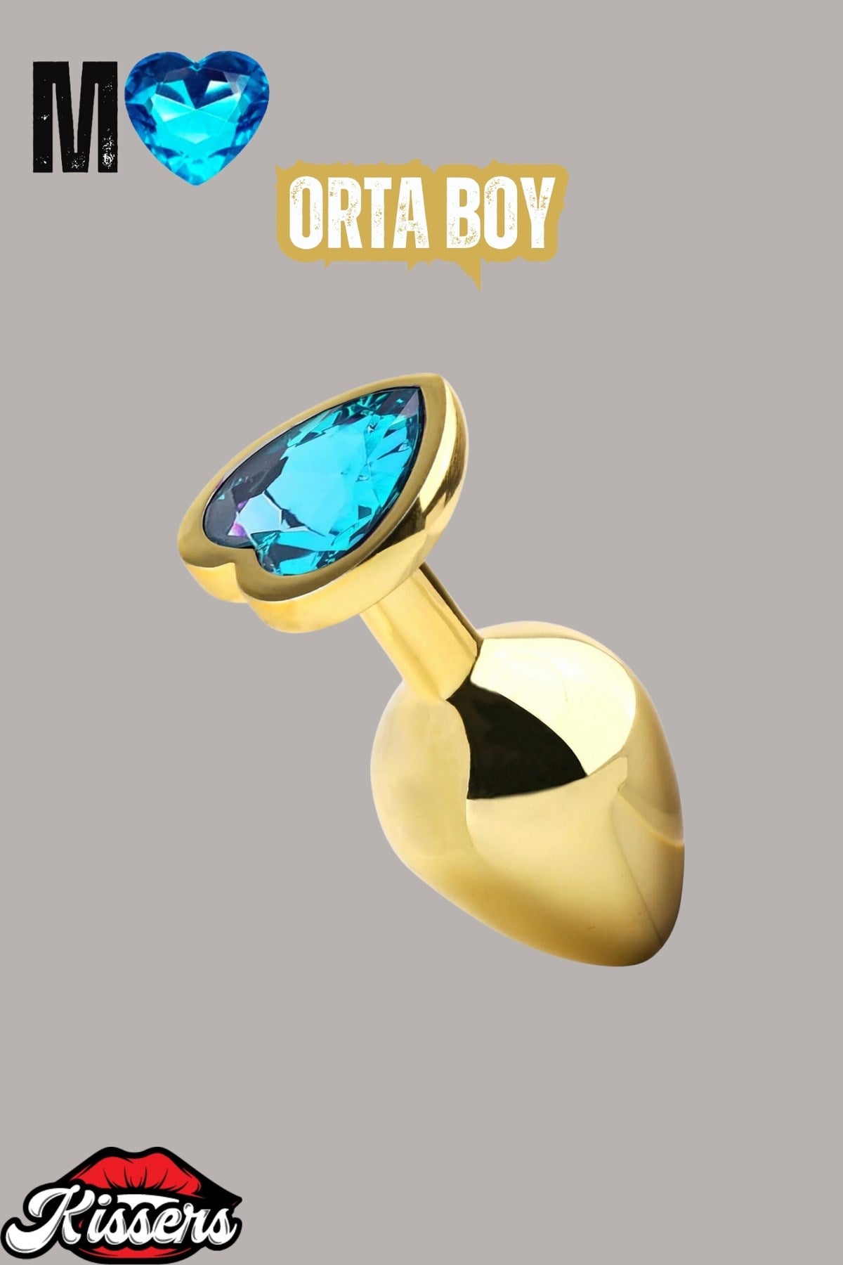 Paslanmaz Çelik Mavi Kalpli Mücevher Taşlı Pürüzsüz Gold Metal Anal Butt Plug Set 3'Lü