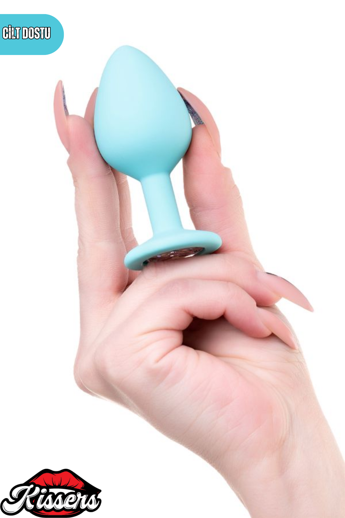 Brilliant Gümüş Taşlı Silikon Anal Plug 8 cm Mavi Medikal Silikon