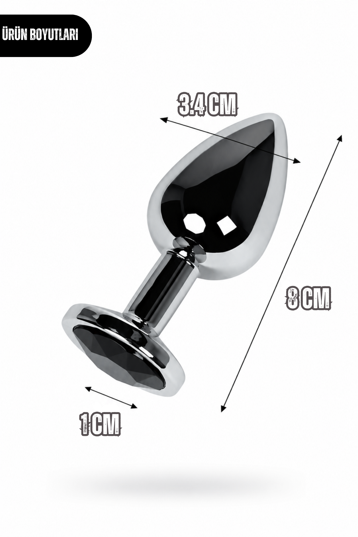 Paslanmaz Çelik Siyah Kristal Taşlı Lüks Gümüş Anal Plug ve Tıkaç 8 cm Su Geçirmez Metal Tasarım