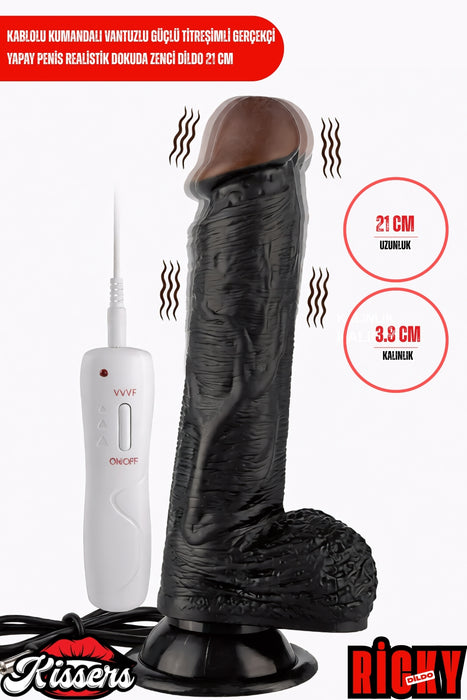 Kablolu Kumandalı Vantuzlu Güçlü Titreşimli Gerçekçi Yapay Penis Realistik Dokuda Zenci Dildo 21 cm