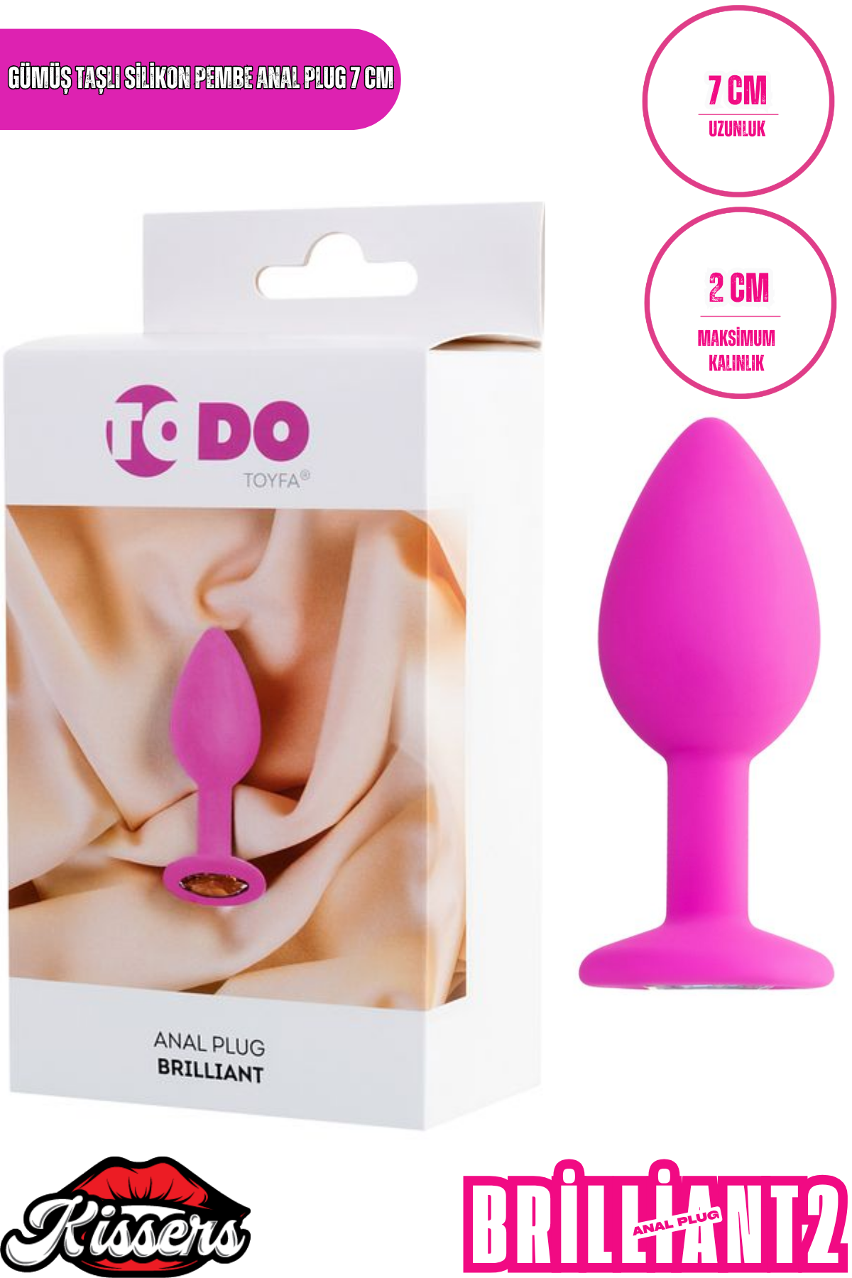 Brilliant Gümüş Taşlı Silikon Anal Plug 7 cm Pembe Medikal Silikon