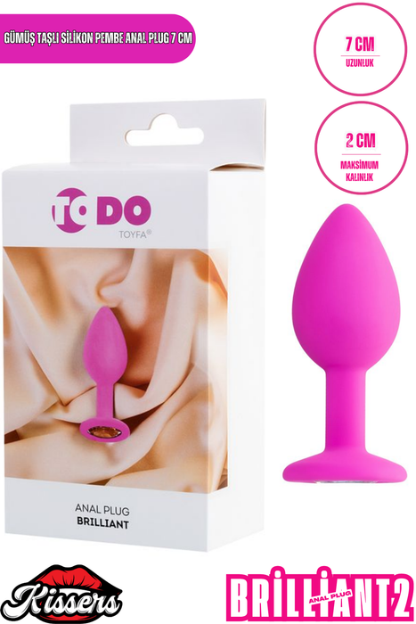 Brilliant Gümüş Taşlı Silikon Anal Plug 7 cm Pembe Medikal Silikon