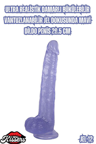 Ultra Realistik Damarlı Bükülebilir Vantuzlanabilir Jel Dokusunda mavi Dildo Penis 29.5 Cm