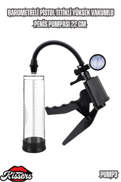 Barometreli Pistol Tetikli Yüksek Vakumlu Penis Pompası 22 Cm