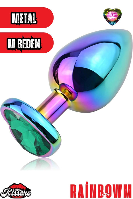 Paslanmaz Çelik  Rainbow  Kalpli Mücevher Çıkarılabilir Taşlı 8 Cm Lüks Anal Plug  Ve Tıkaç