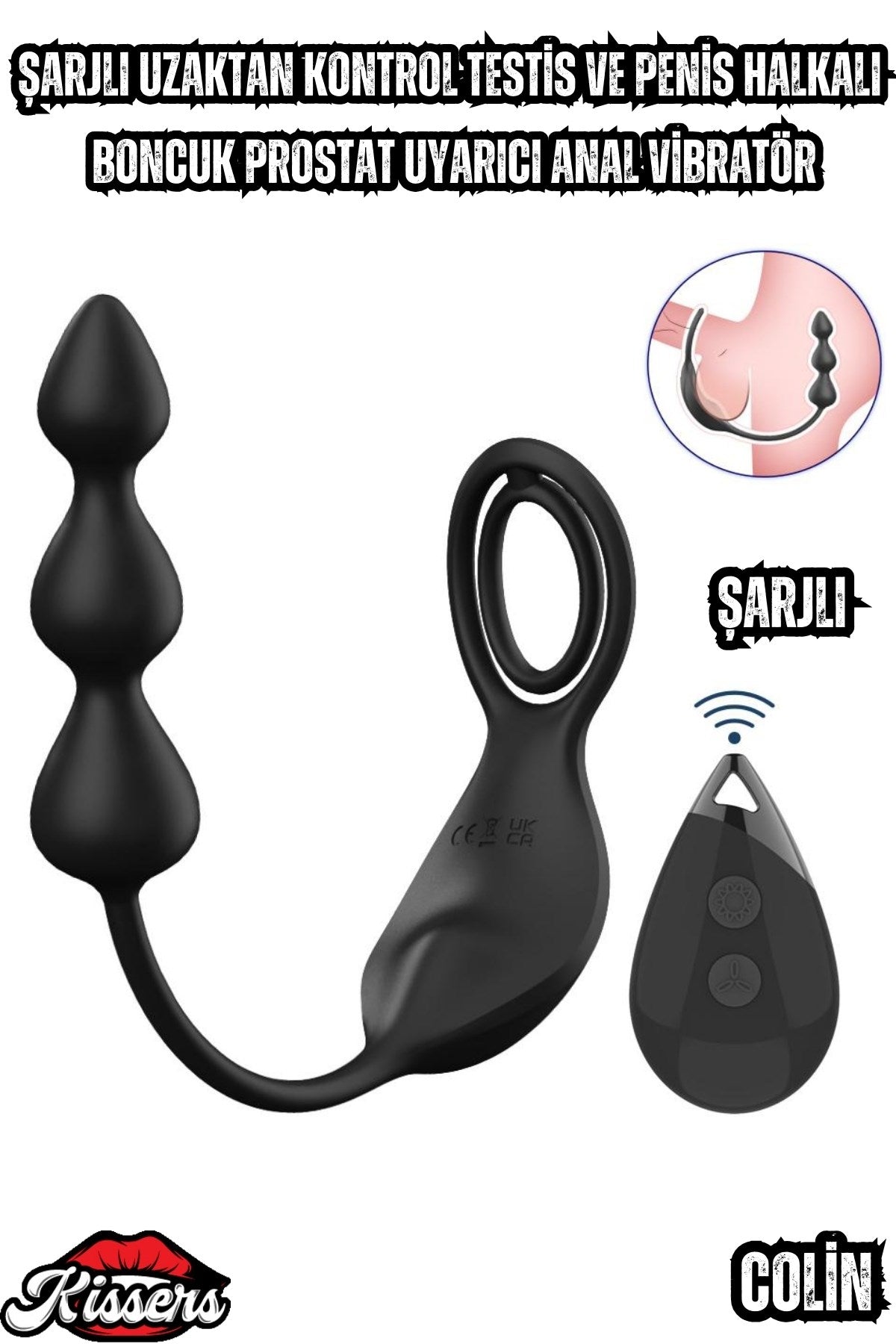 Colin Şarjlı Uzaktan Kontrol Testis ve Penis Halkalı Boncuk Uyarıcı Anal Vibratör