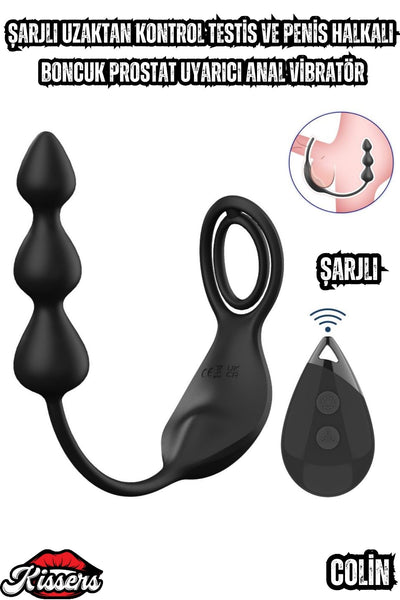 Colin Şarjlı Uzaktan Kontrol Testis ve Penis Halkalı Boncuk Uyarıcı Anal Vibratör