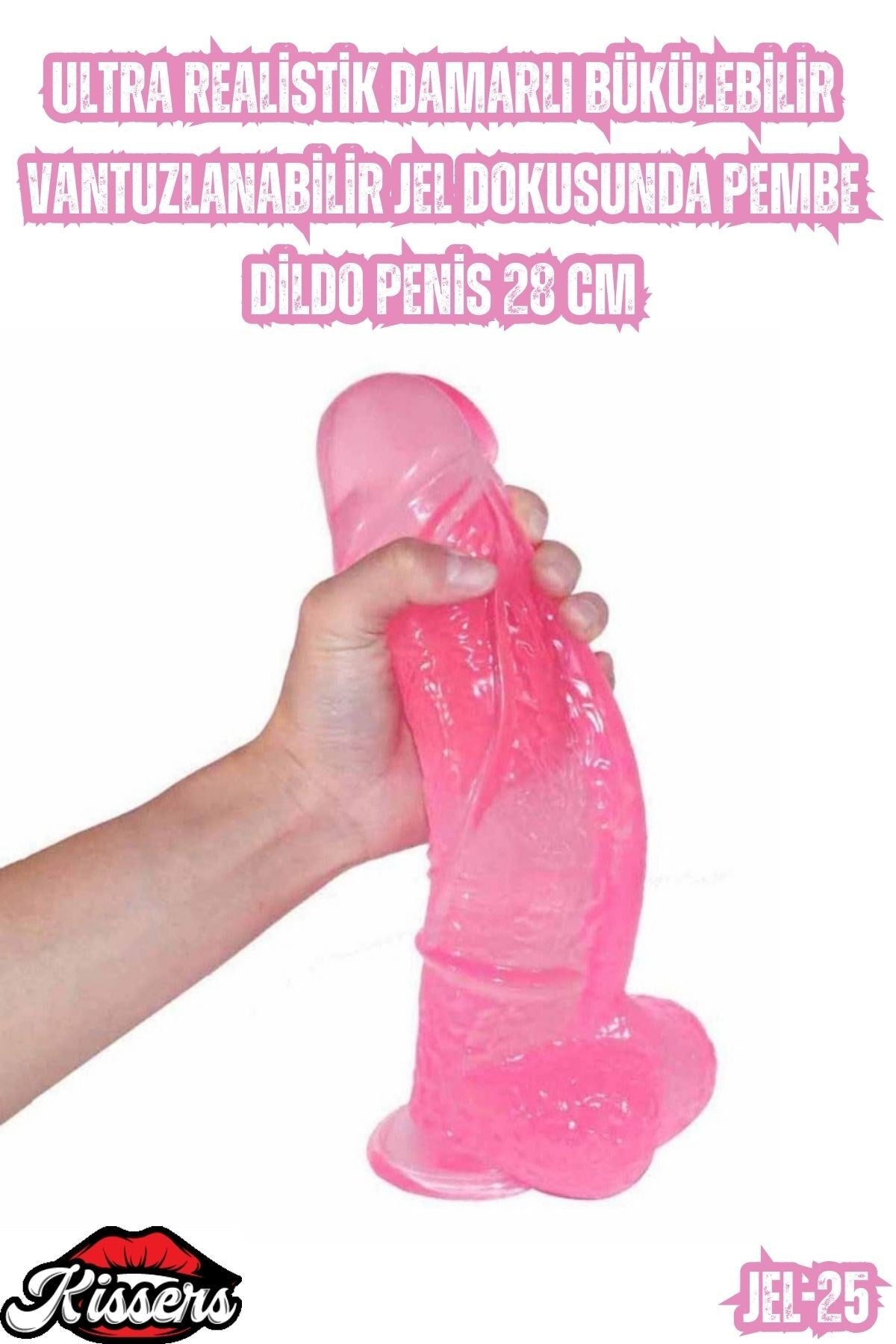 Ultra Realistik Damarlı Bükülebilir Vantuzlanabilir Jel Dokusunda pembe Dildo Penis 28 Cm