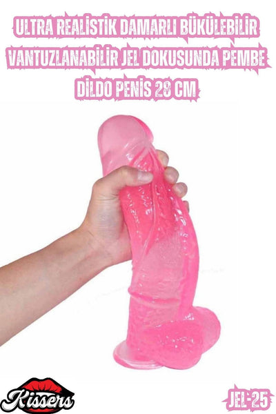 Ultra Realistik Damarlı Bükülebilir Vantuzlanabilir Jel Dokusunda pembe Dildo Penis 28 Cm