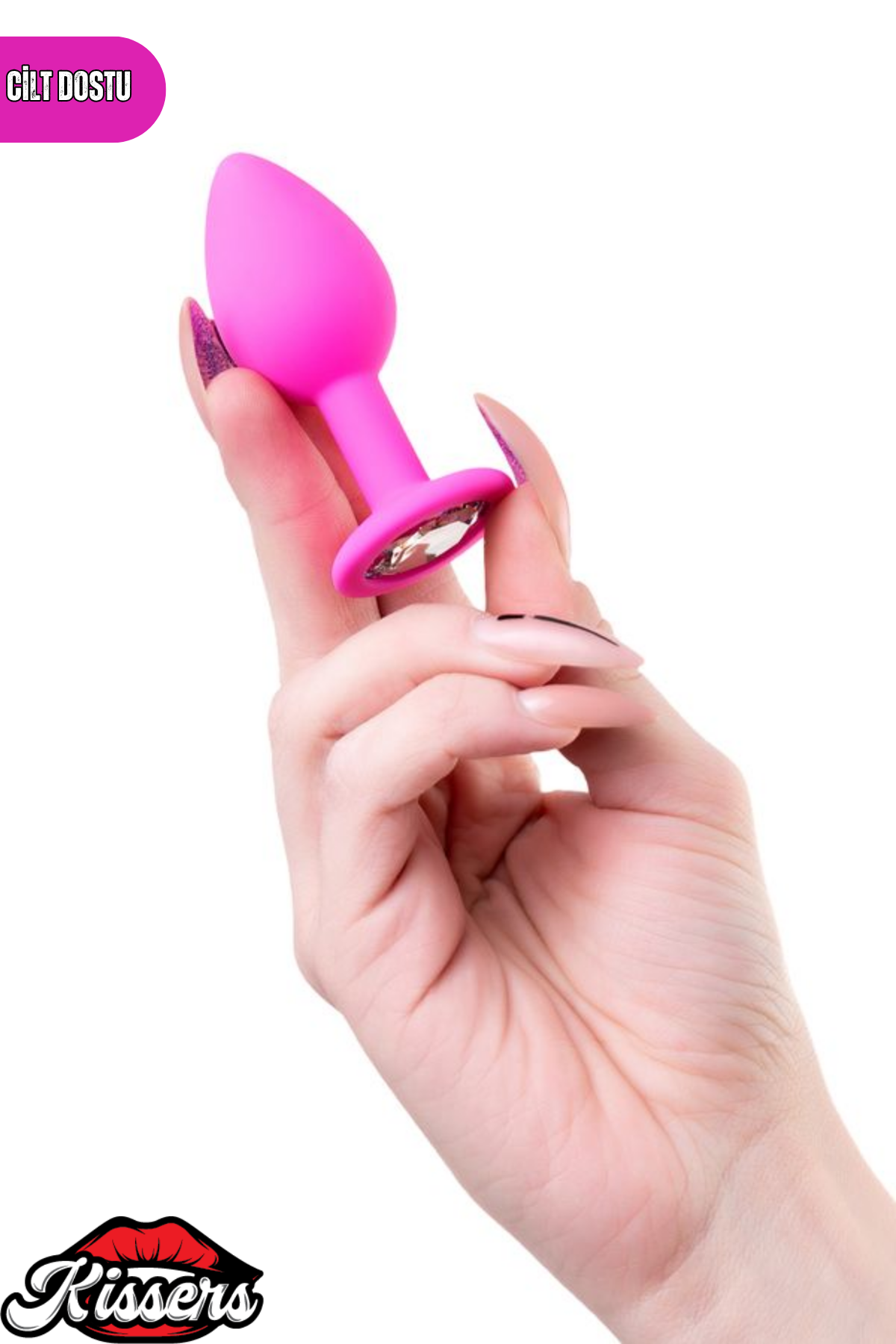 Brilliant Gümüş Taşlı Silikon Anal Plug 7 cm Pembe Medikal Silikon