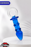 Desenli Kırılmaz Cam Anal Plug 16 cm Mavi Boğumlu Tutamaçlı