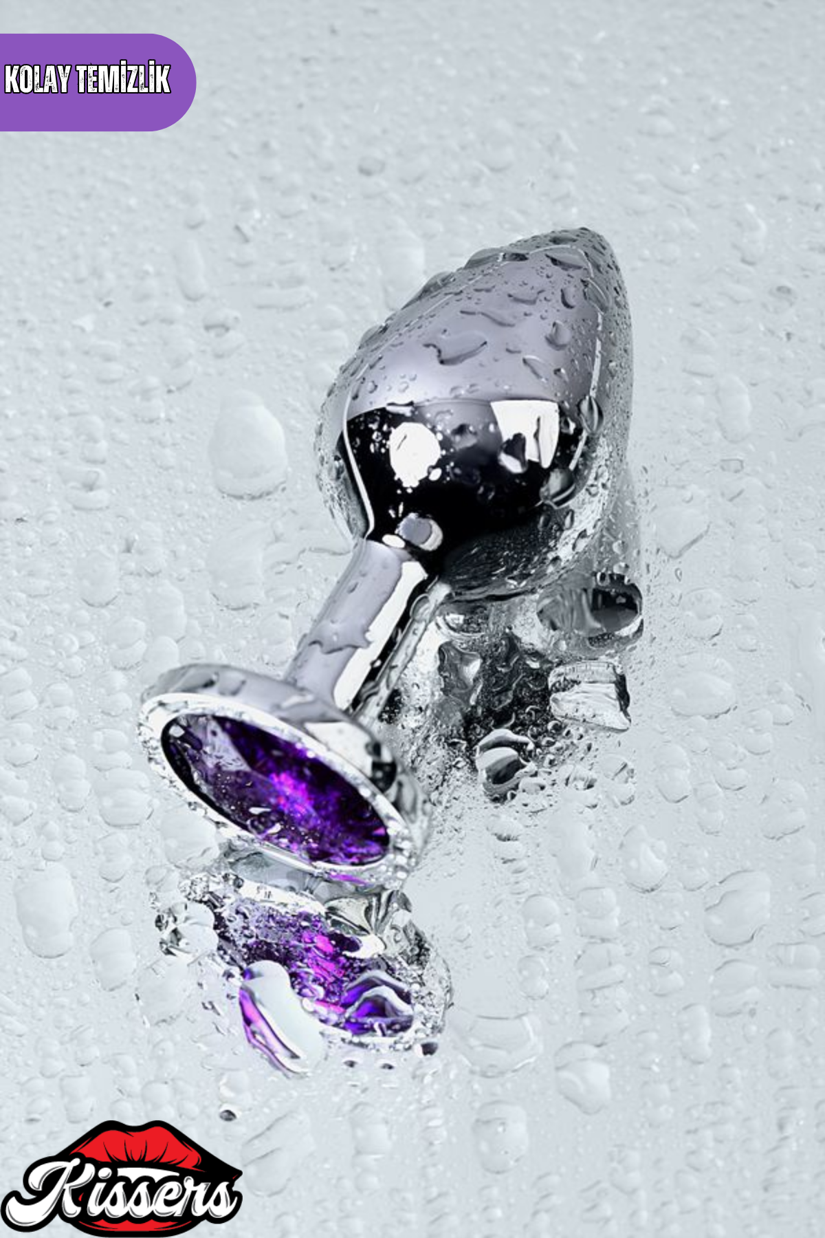 Paslanmaz Çelik Mor Kristal Taşlı Lüks Gümüş Anal Plug ve Tıkaç 8 cm Su Geçirmez