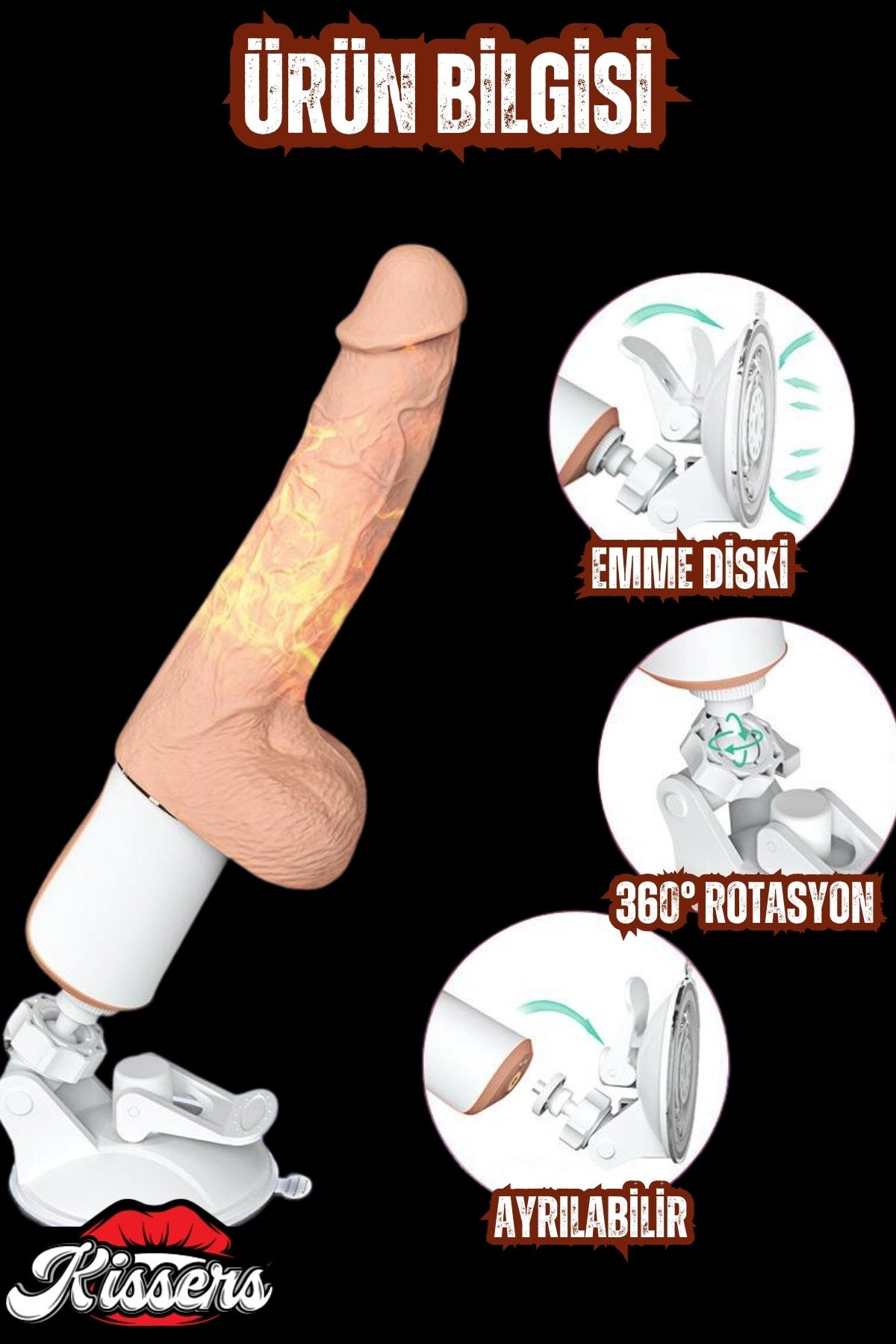 Sex Makinesi Vantuzlu Isıtmalı Titreşimli ve 360° Dönme Hareketli Yapay Penis Dildo Vibratör 24 Cm