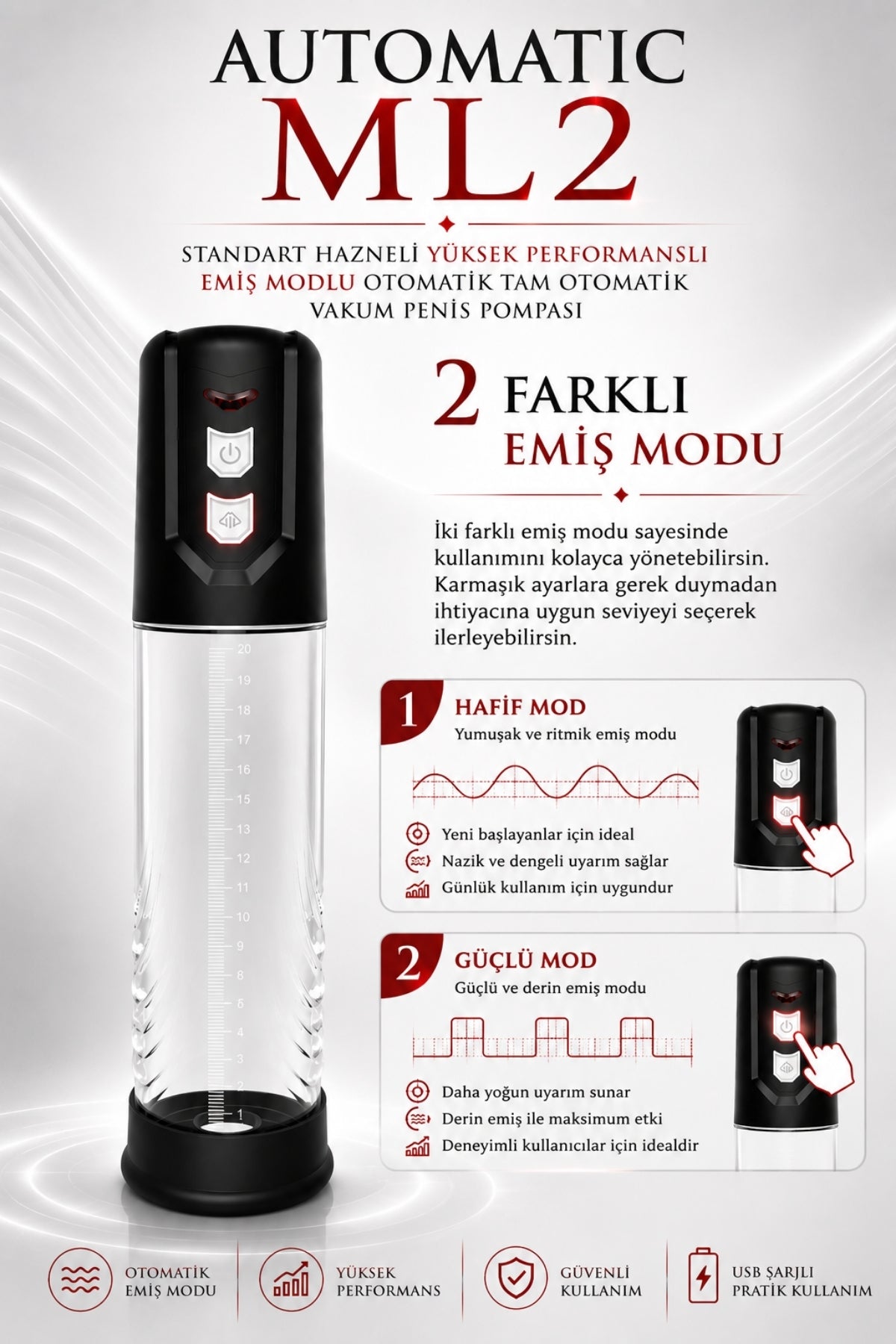 Automatic ML 2 Standart Hazneli Yüksek Performanslı Emiş Modlu Otomatik Tam Otomatik Vakum Penis Pompası
