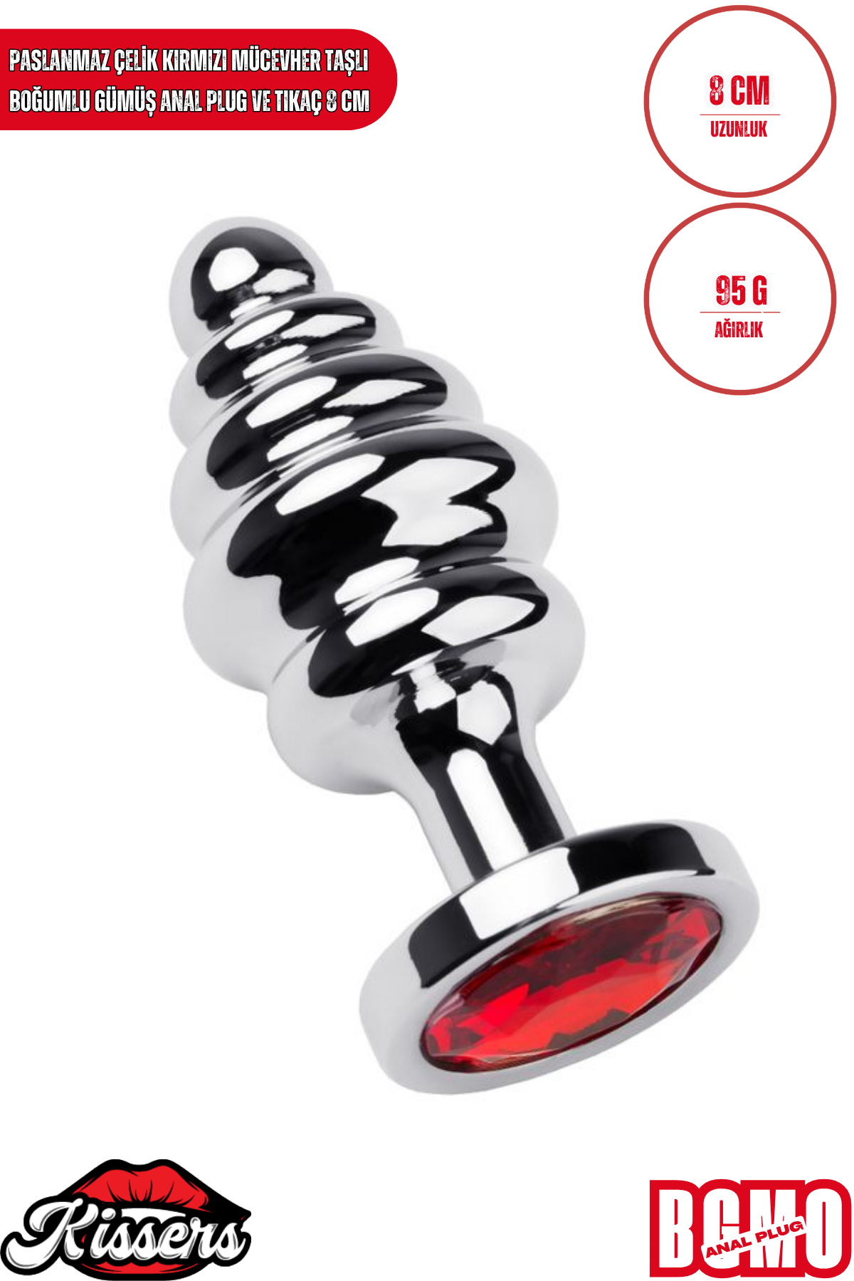Paslanmaz Çelik Kırmızı Kristal Taşlı Boğumlu Gümüş Anal Plug ve Tıkaç 8 cm Su Geçirmez Metal Tasarım