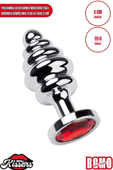 Paslanmaz Çelik Kırmızı Kristal Taşlı Boğumlu Gümüş Anal Plug ve Tıkaç 8 cm Su Geçirmez Metal Tasarım