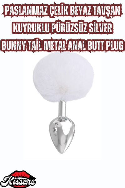 Paslanmaz Çelik Beyaz Tavşan Kuyruklu Pürüzsüz Silver Bunny Tail Metal Anal Butt Plug
