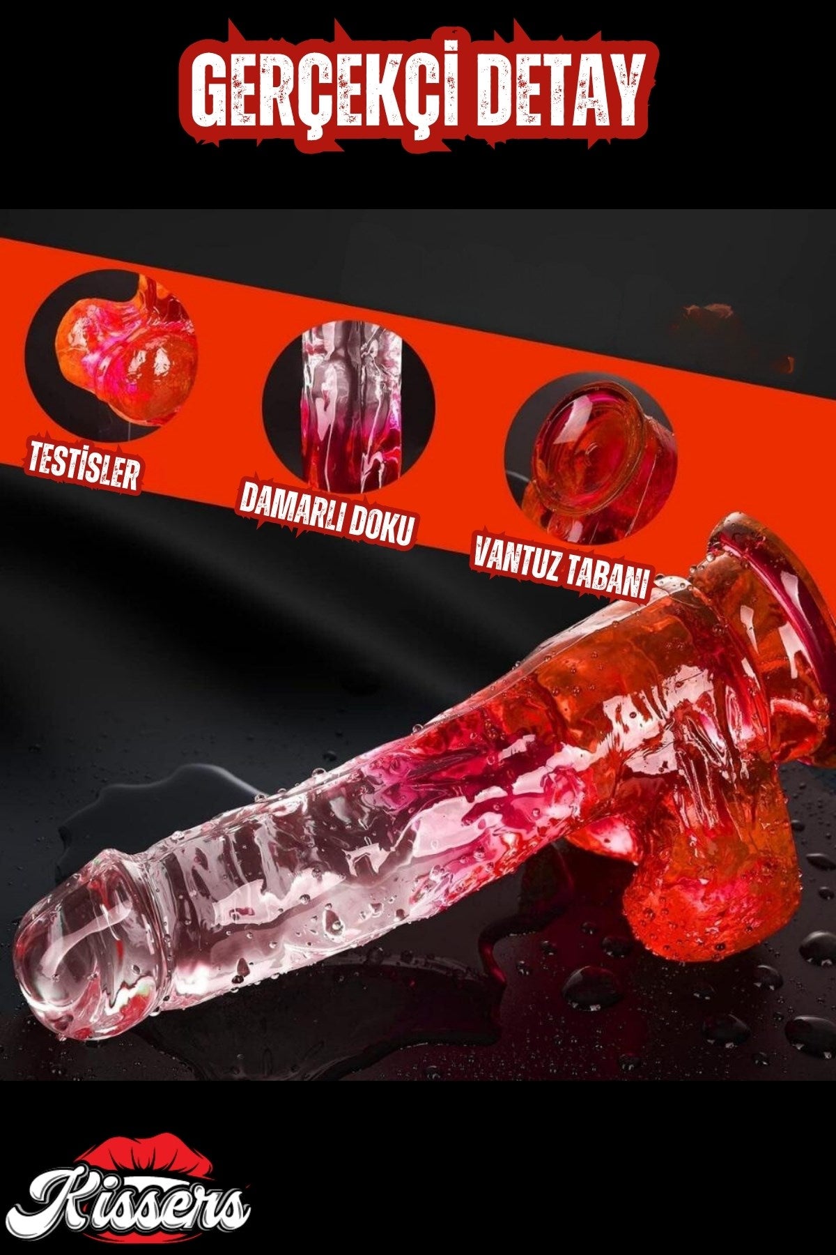 Cinsel Oyuncak Şeffaf Kırmızı Renk Vantuzlanabilir Jel Dokusunda Ultra Realistik Penis Dildo 23 Cm