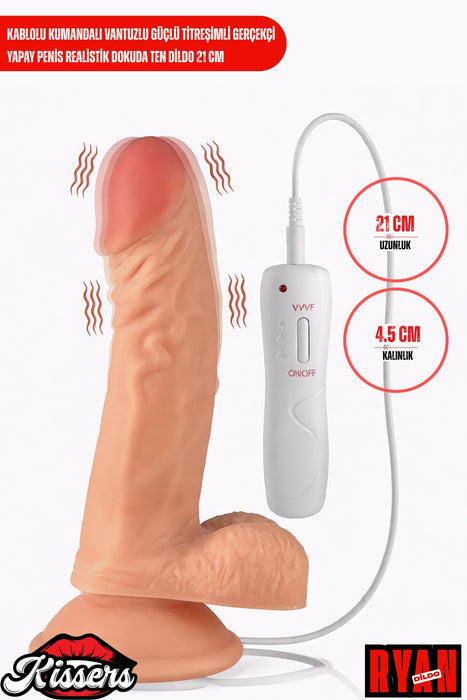 Kablolu Kumandalı Vantuzlu Güçlü Titreşimli Gerçekçi Yapay Penis Realistik Dokuda Ten Dildo 21 cm