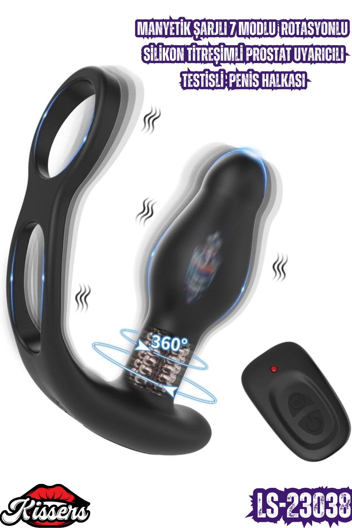 Manyetik Şarjlı 7 Modlu Rotasyonlu Silikon Titreşimli Uyarıcılı Testisli Penis Halkası