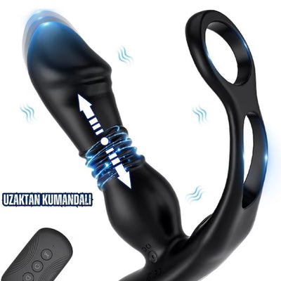 Uzaktan Kumandalı İleri Geri Hareketli Testis Tutuculu Penis Halkalı Anal Vibratör